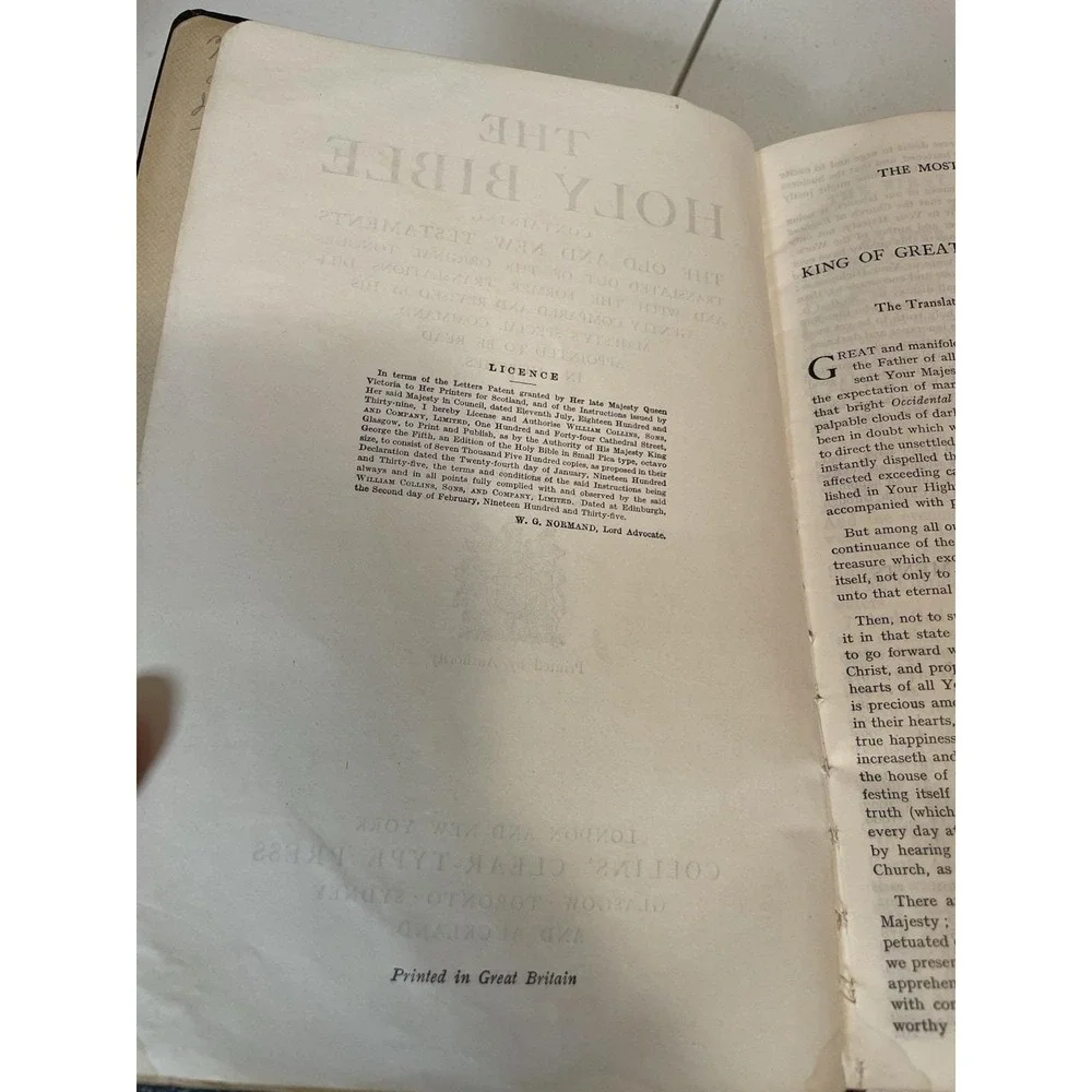 Vtg Holy Bible KJV 1935 Collins Clear-Type Press Black Leather Bound Ribbon‎ GB